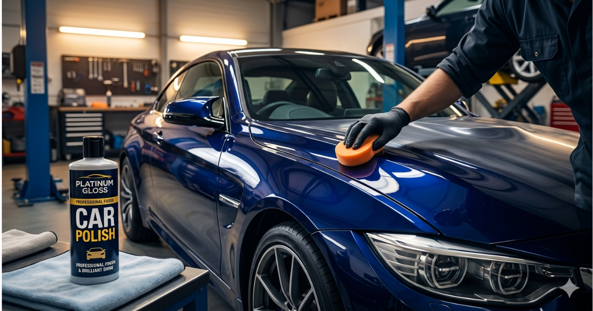 Car polish treatment restoring vehicle paint shine and giving a smooth glossy finish