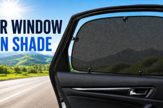 Car window sun shade installed on a vehicle window for UV protection and heat reduction