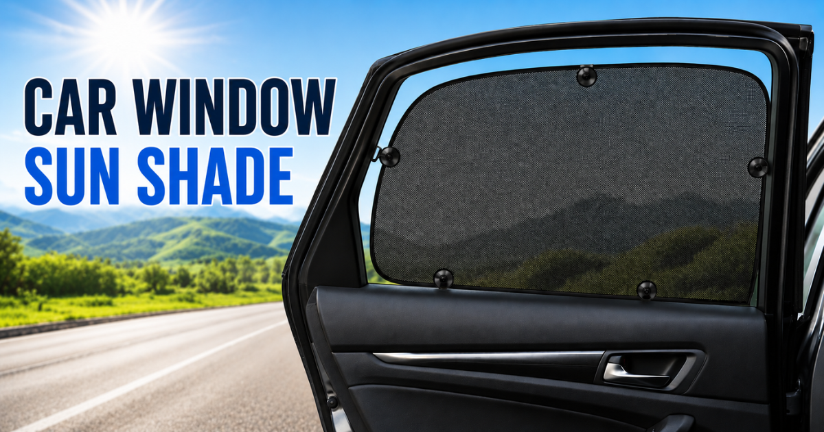 Car window sun shade installed on a vehicle window for UV protection and heat reduction