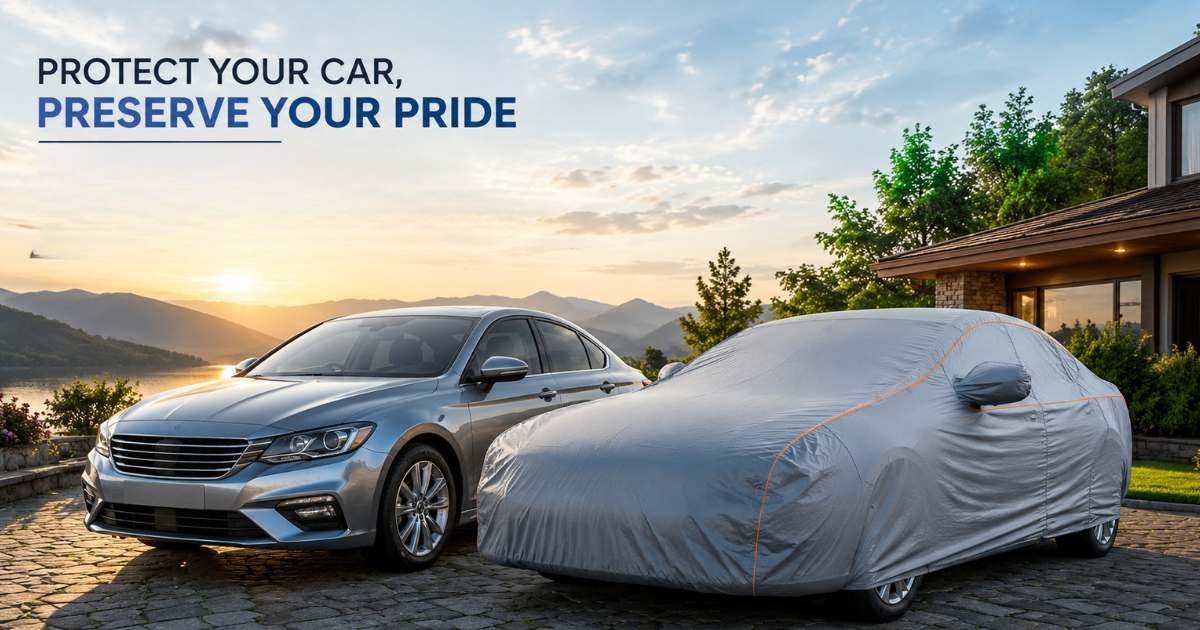 Waterproof car cover protecting a sedan parked outdoors