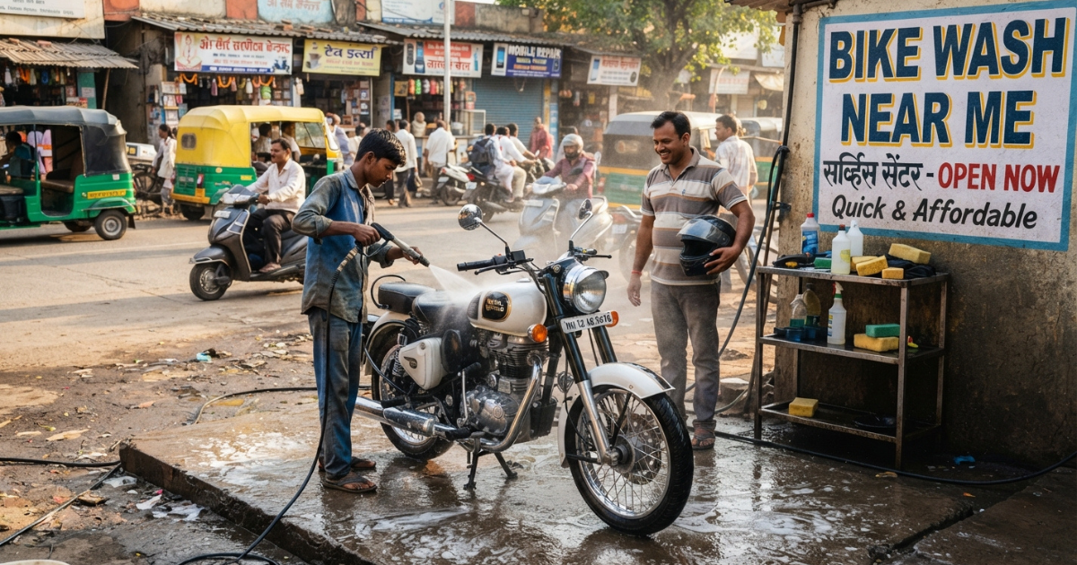 Bike wash near me — cyclist cleaning bicycle frame outdoors.