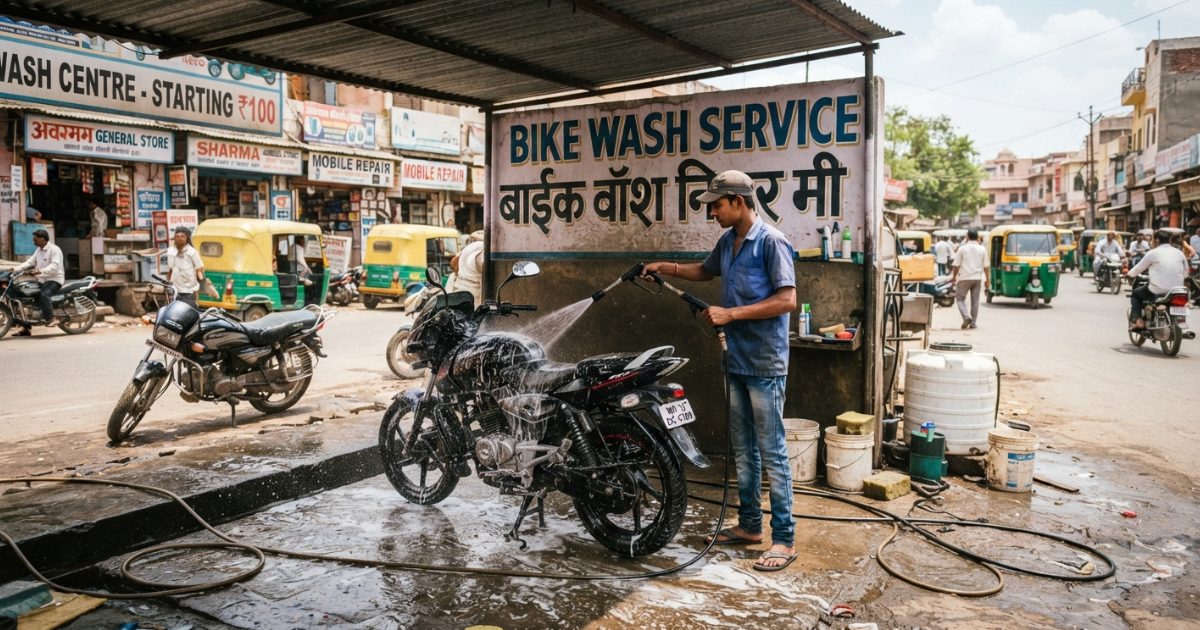 Bike wash near me, hose rinsing dirty mountain bike frame.