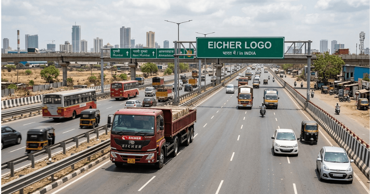 Close-up view of Eicher Logo badge on vehicle