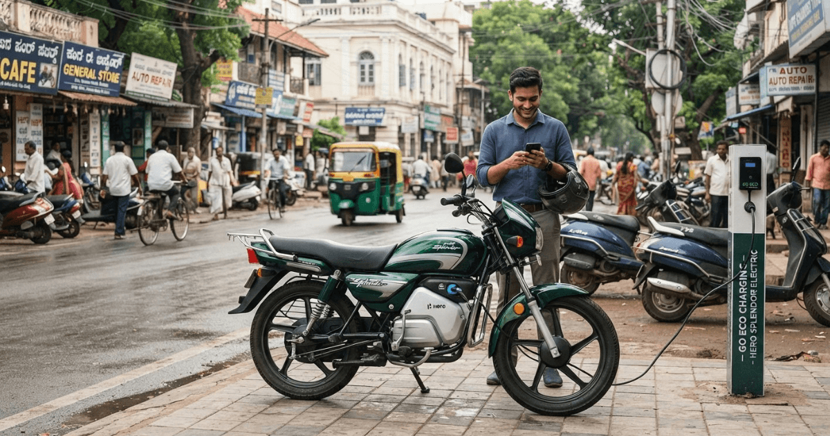 Hero Splendor Electric Bike riding through busy street traffic