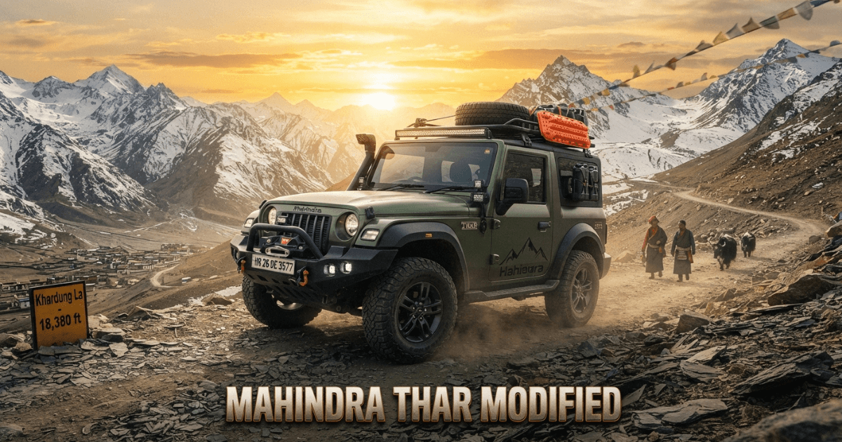Mahindra Thar modified with rugged body kit and custom wheels