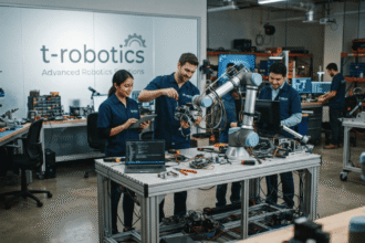 T-Robotics automated arm assembling parts on production line