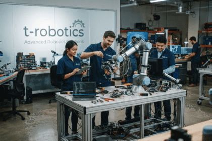T-Robotics automated arm assembling parts on production line