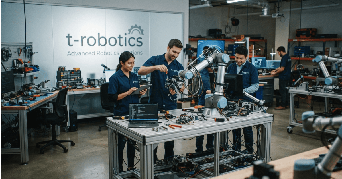 T-Robotics automated arm assembling parts on production line