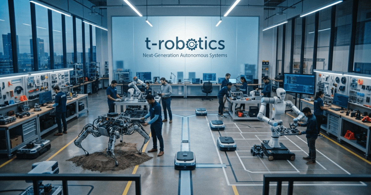 T-Robotics engineer programming robot for industrial automation tasks