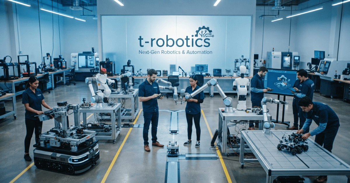 T-Robotics AI-powered robot navigating warehouse floor autonomously smoothly