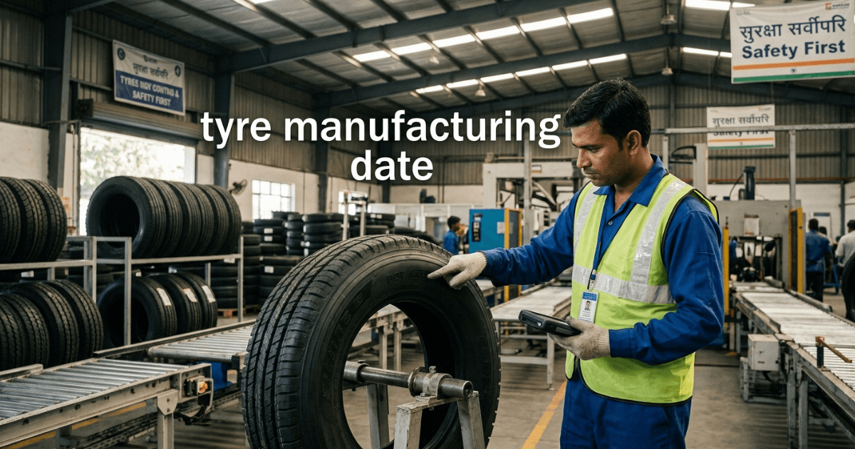 Close-up of tyre manufacturing date code stamped on sidewall