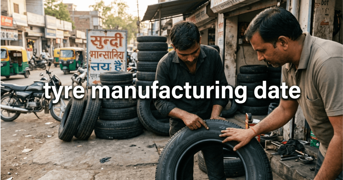 Worker checking tyre manufacturing date during production line inspectionWorker checking tyre manufacturing date during production line inspection