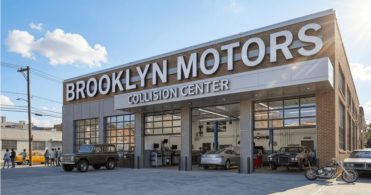 Brooklyn Motors storefront with vehicles parked out front