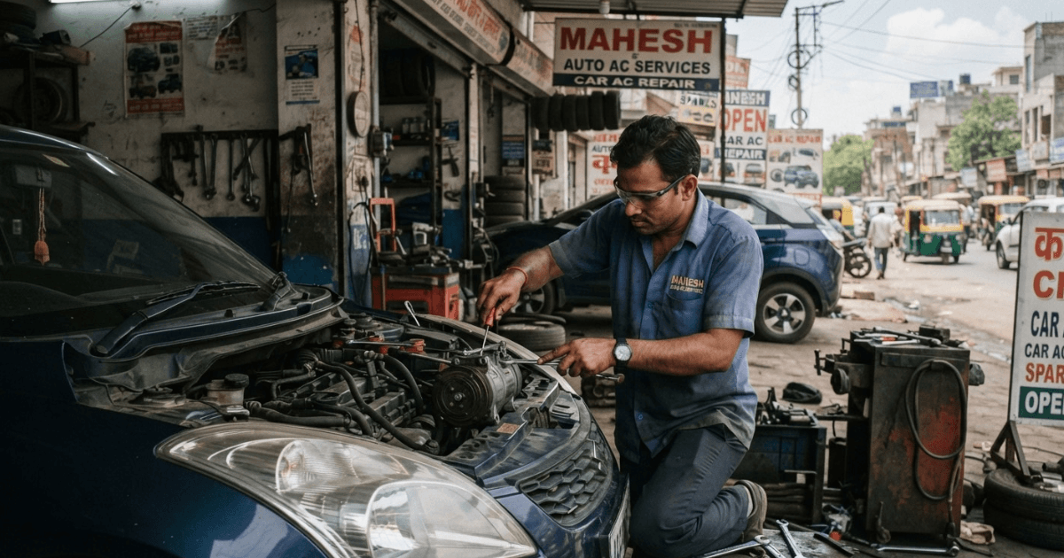 Technician performing car AC compressor repair near me