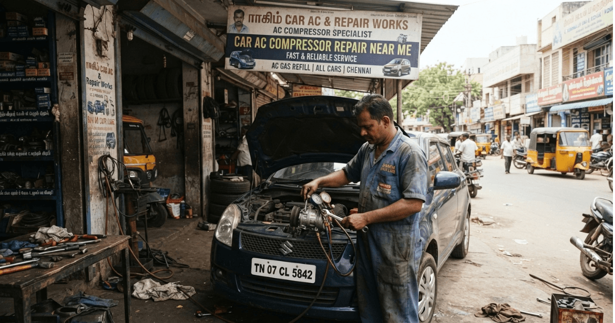 Expert technician doing car AC compressor repair near me