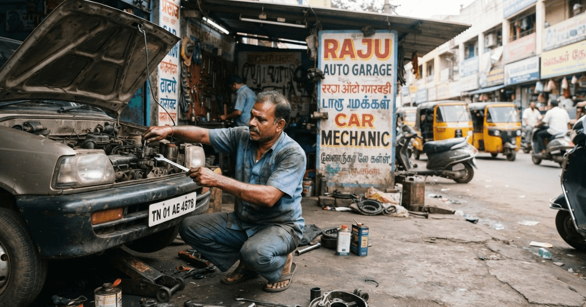Professional car mechanic inspecting engine inside a busy workshop