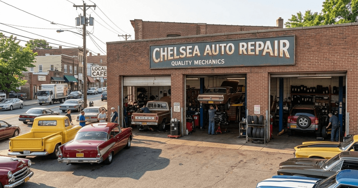 Mechanic inspecting engine at Chelsea Auto Repair shop