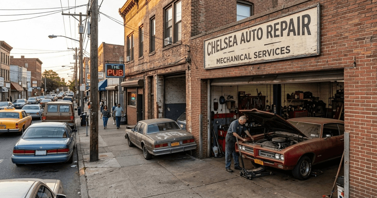 Friendly technicians working inside Chelsea Auto Repair garage
