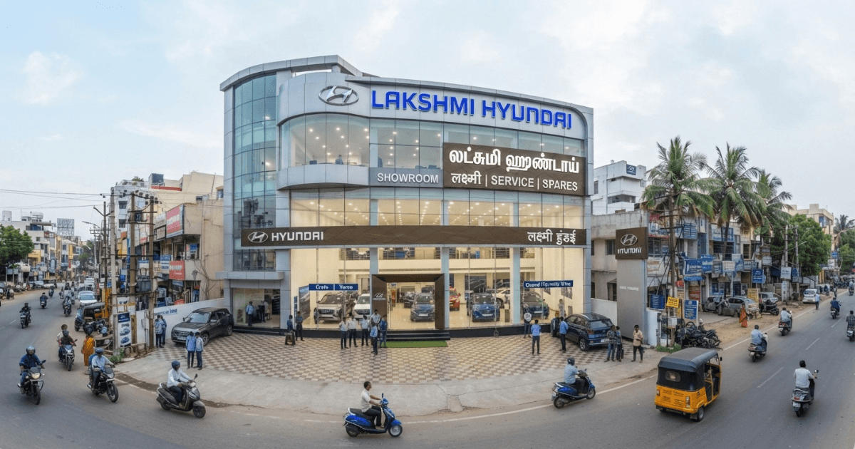 Lakshmi Hyundai Showroom entrance with latest Hyundai cars